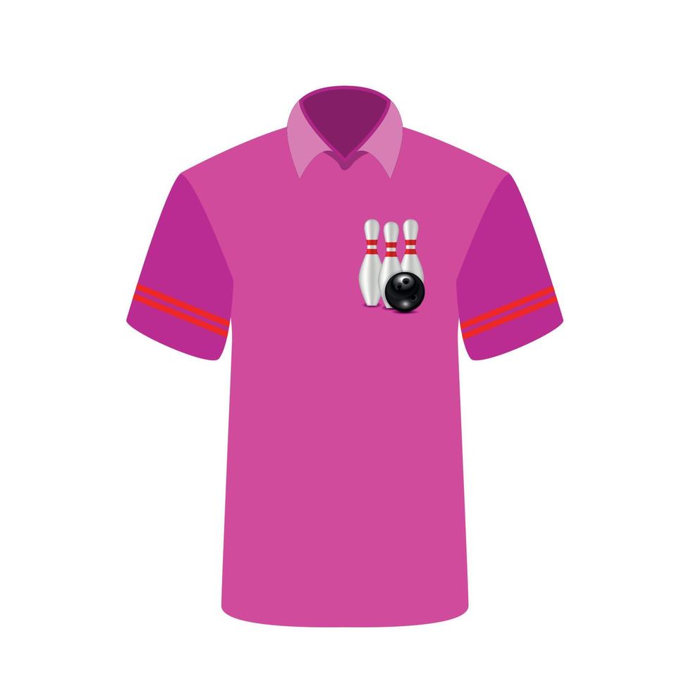 rosa t-shirtspelare med bilden av bowlingkäglor och boll. vektor illustration.