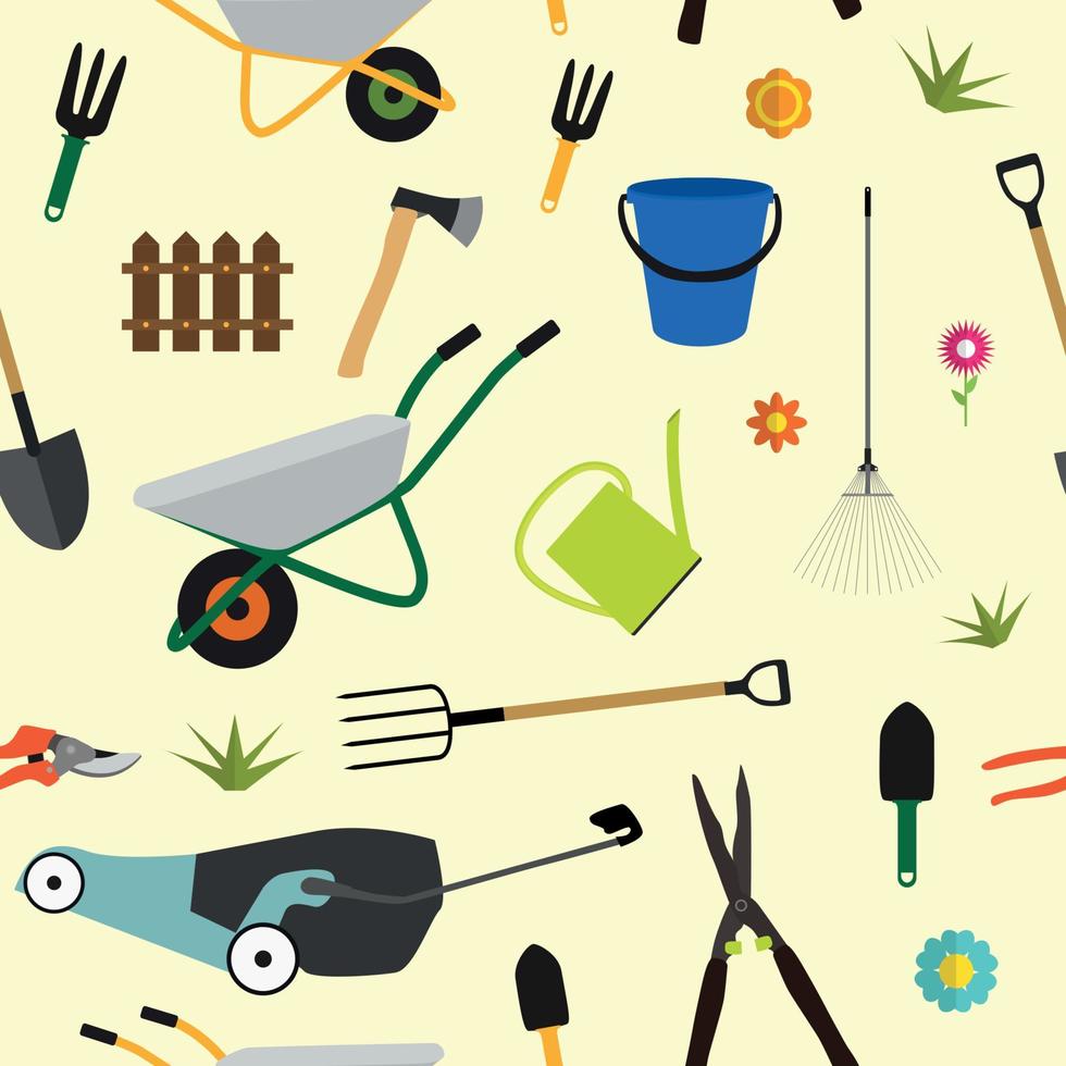 Gartengeräte, flache Icon-Sammlung von Instrumenten. Schaufel, Eimer, Rechen, Gartenschere, Schere, Schubkarre und Bewässerung. nahtlose Muster Hintergrund. Vektor-Illustration vektor