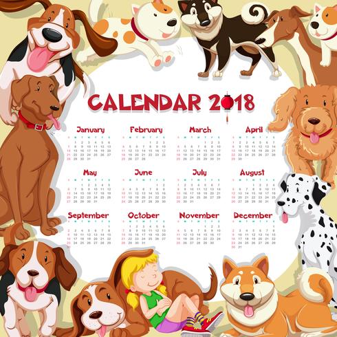 Kalendervorlage für 2018 mit vielen süßen Hunden vektor