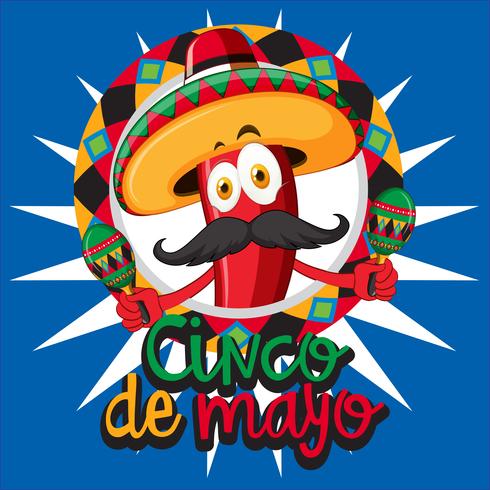 Cinco de Mayo-Kartenschablone mit tragendem Hut des Paprikas vektor