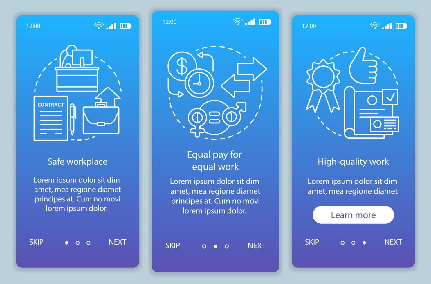 arbetsetik onboarding mobil app sidskärm vektor mall. säker arbetsplats, lika lön för arbete. genomgång av webbplatssteg med linjära illustrationer. ux, ui, gui smartphone gränssnitt koncept