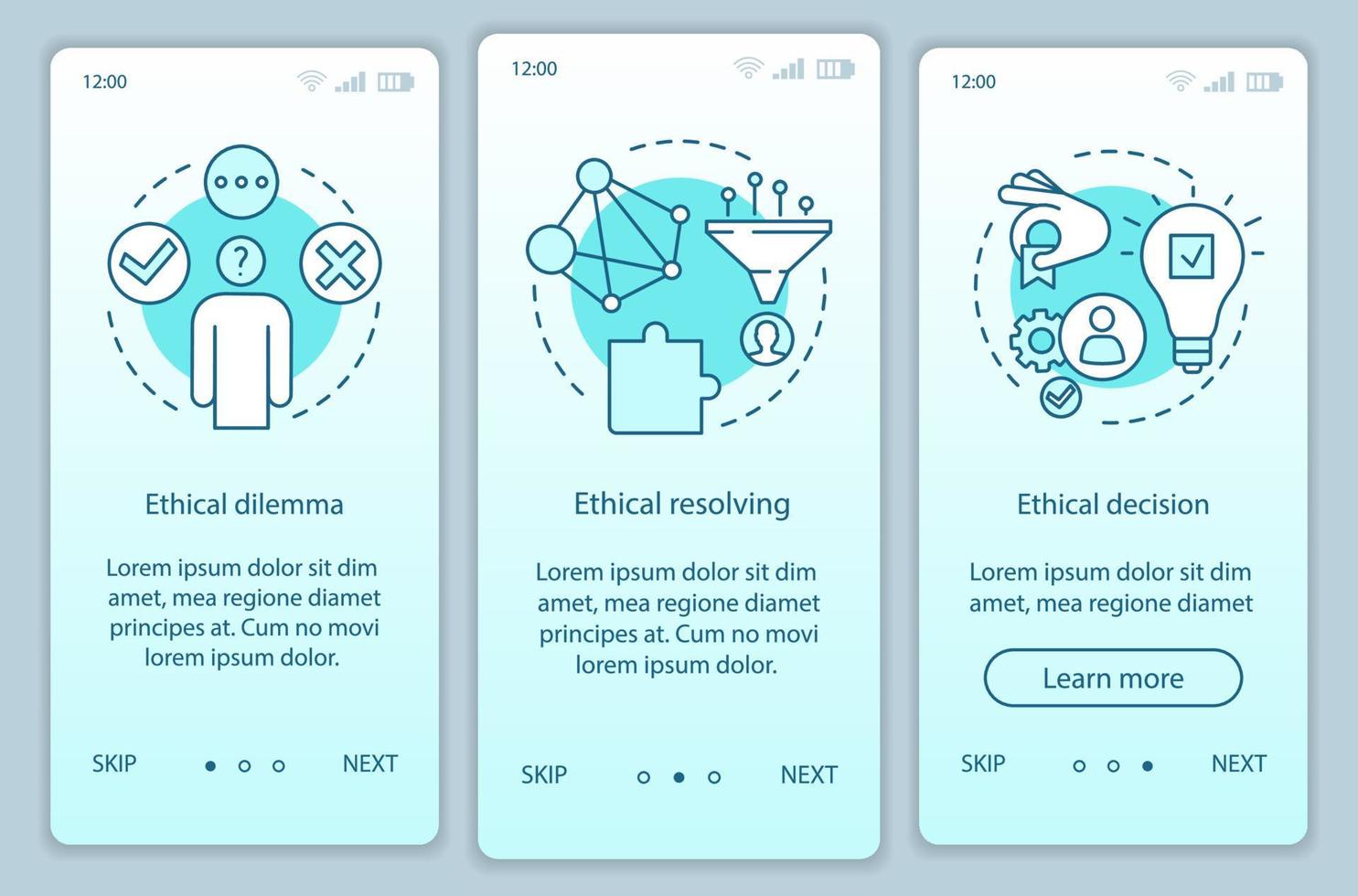 ethische Lösung für das Onboarding mobiler App-Seitenbildschirmvektorvorlage. ethisches Dilemma, moralische Entscheidung. Walkthrough-Website-Schritte mit linearen Illustrationen. ux, ui, gui Smartphone-Schnittstellenkonzept vektor