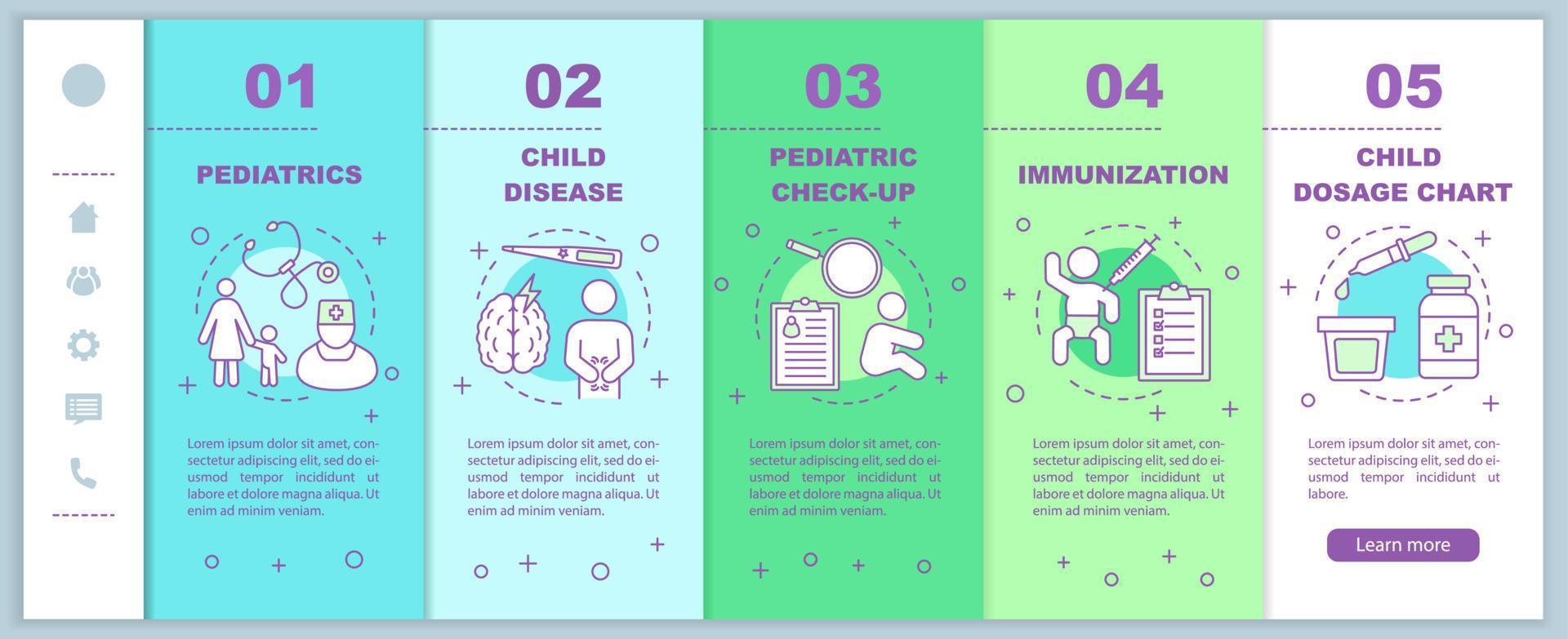 pediatrisk tjänst onboarding mobila webbsidor vektor mall. kontroll, immunisering. responsiv smartphone webbplats gränssnitt idé med illustrationer. webbsida genomgång steg skärmar. färg koncept