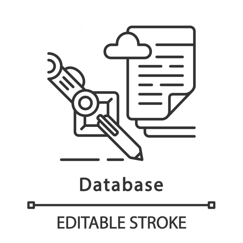 Lineares Datenbanksymbol. Datenerhebung und -verarbeitung. rpa. Roboterhand, die Text mit Stift schreibt. dünne Linie Abbildung. Kontursymbol. Vektor isolierte Umrisszeichnung. bearbeitbarer Strich