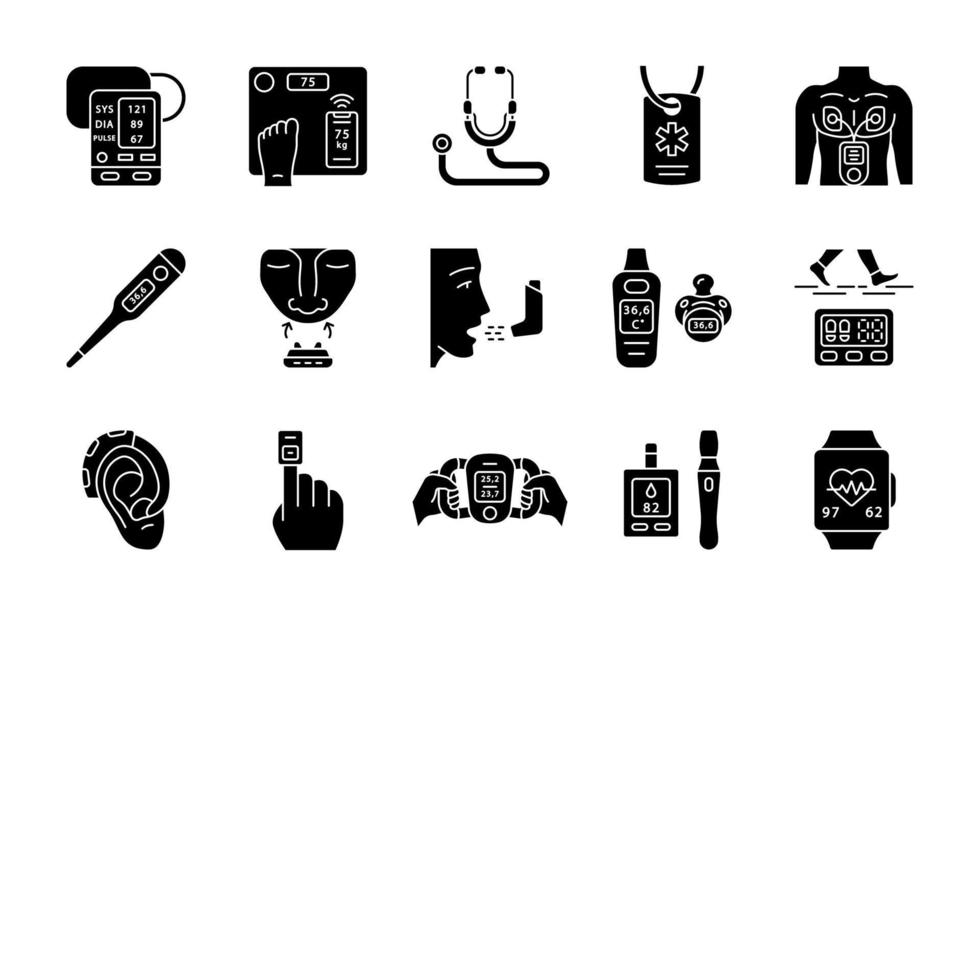 Glyphensymbole für medizinische Geräte festgelegt. Stethoskop, medizinischer Alarmausweis, Inhalator, Oximeter, Thermometer, Schrittzähler, Glukometer, Hörverstärker, intelligente Waage. Silhouette-Symbole. isolierte Vektorgrafik vektor