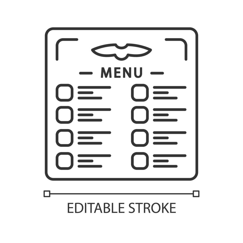 Lineares Symbol für das Flugmenü. Ernährung im Flugzeug. Flugzeugmahlzeit. Flugzeug Abendessen. Mittagessen im Restaurant. Flugdienst. dünne Linie Abbildung. Kontursymbol. Vektor isolierte Umrisszeichnung. bearbeitbarer Strich