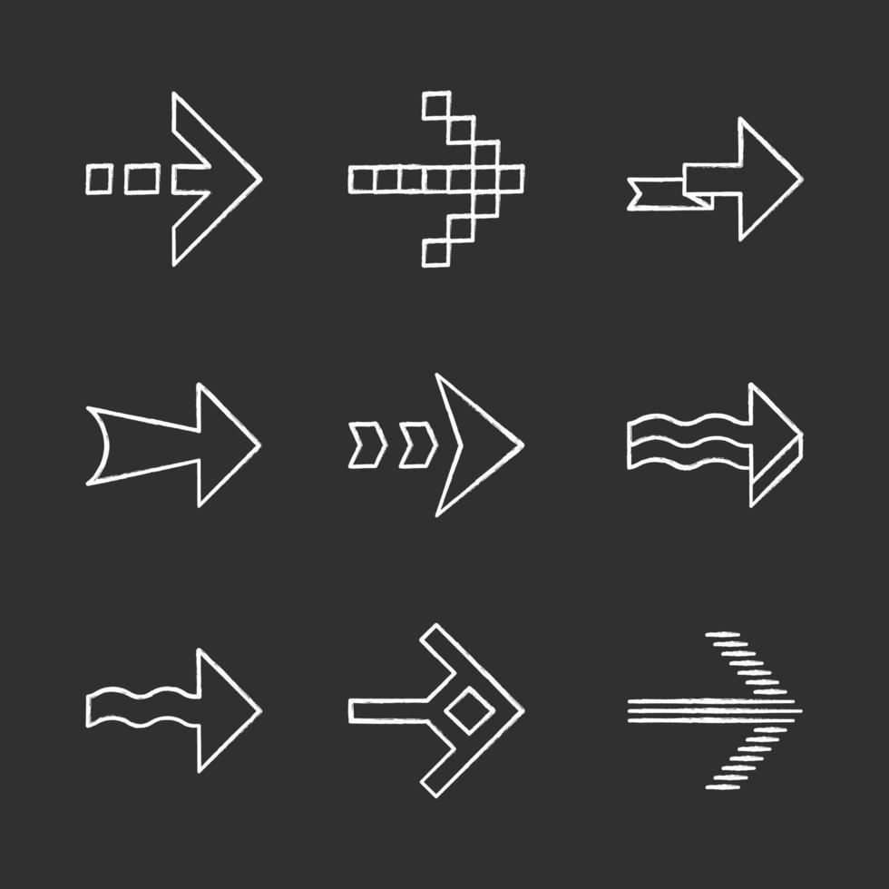 Pfeile Kreide Icons Set. wellig, pixel, falten, gestreift, gestrichelt weiter Pfeile. Navigationszeiger, Hinweisschild. Pfeilspitzen zeigen in die richtige Richtung. isolierte tafel Vektorgrafiken vektor