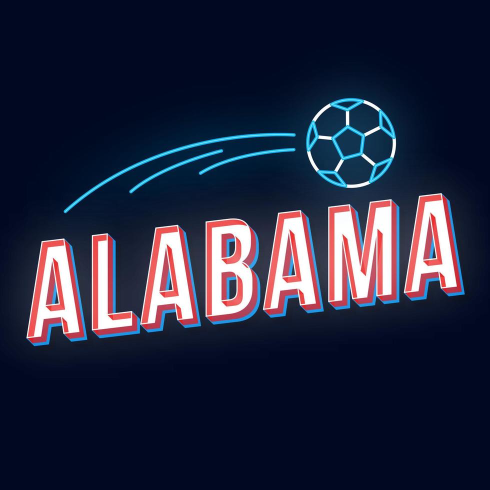 alabama vintage 3d vektor bokstäver. retro fet stil, typsnitt. popkonst stiliserad text. old school stil neon ljus bokstäver. 90-, 80-talsaffisch, bannerdesign. mörkblå färg bakgrund med fotboll