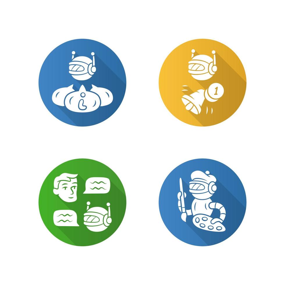 Internet-Roboter flaches Design lange Schatten Glyphe Icons Set. Chatbot, informative, proaktive, Kunst-Bots. Senden von Nachrichten, Benachrichtigungen. Künstliche Intelligenz, a. Vektor-Silhouette-Abbildung vektor