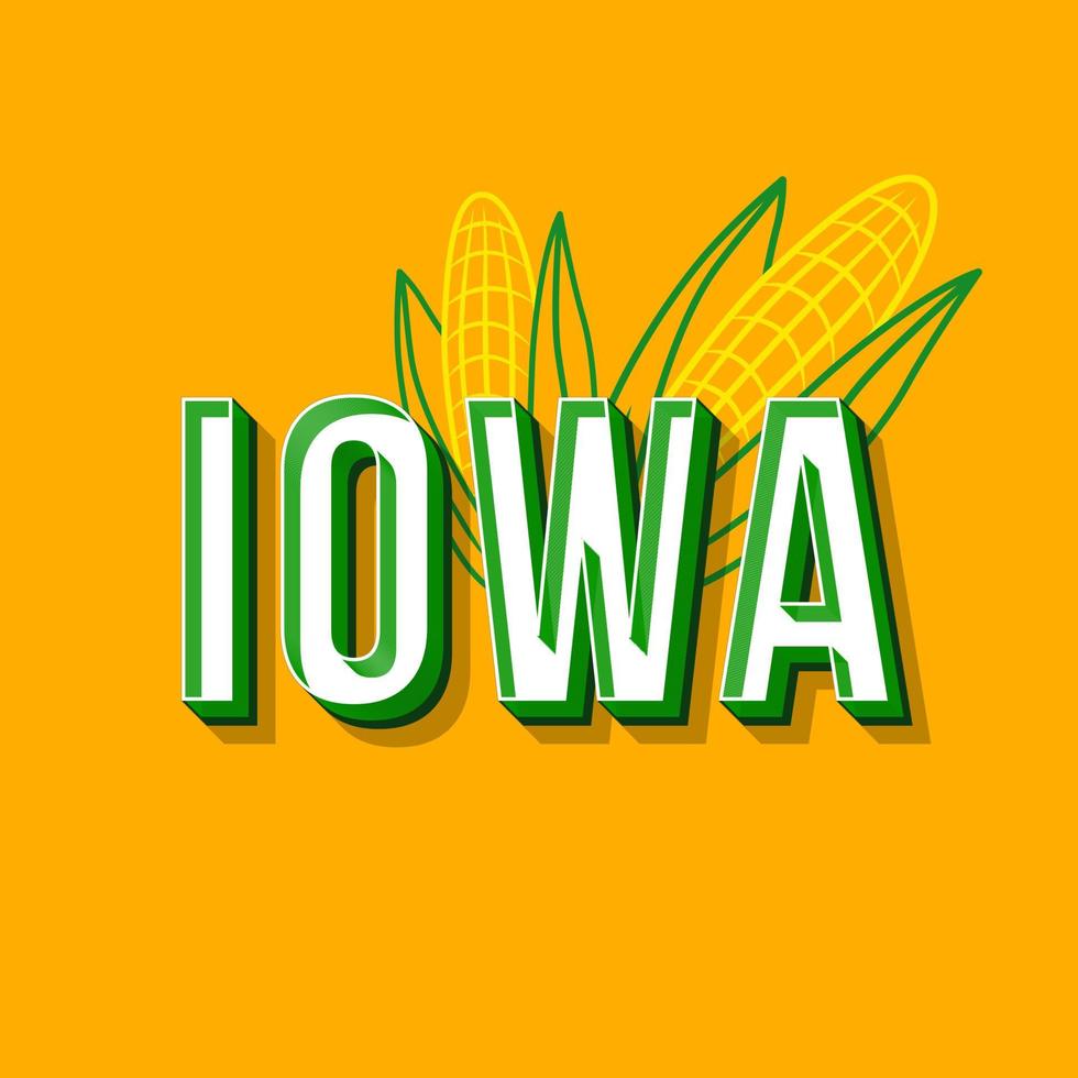 Iowa Vintage 3D-Vektor-Schriftzug. Retro-fette Schriftart, Schrift. Stilisierter Text der Pop-Art. Briefe im alten Schulstil. 90er, 80er Jahre Poster, Banner, T-Shirt-Typografie-Design. Honigfarbener Hintergrund mit Mais vektor