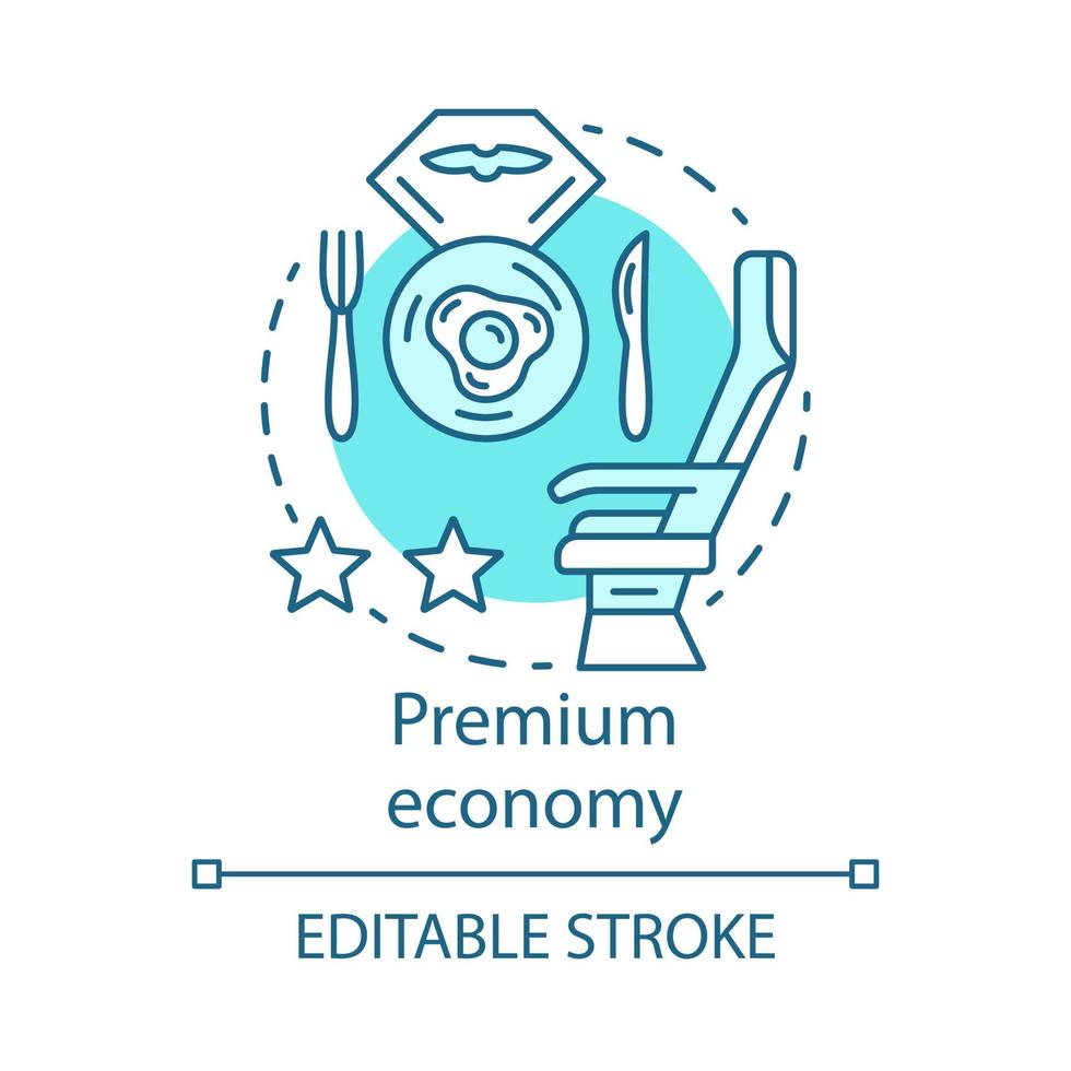 premium ekonomi koncept ikon. flygbolag reseklass idé tunn linje illustration. flygmeny, frukost. passagerarsäte. mat som serveras ombord på flygplan. vektor isolerade konturritning. redigerbar linje