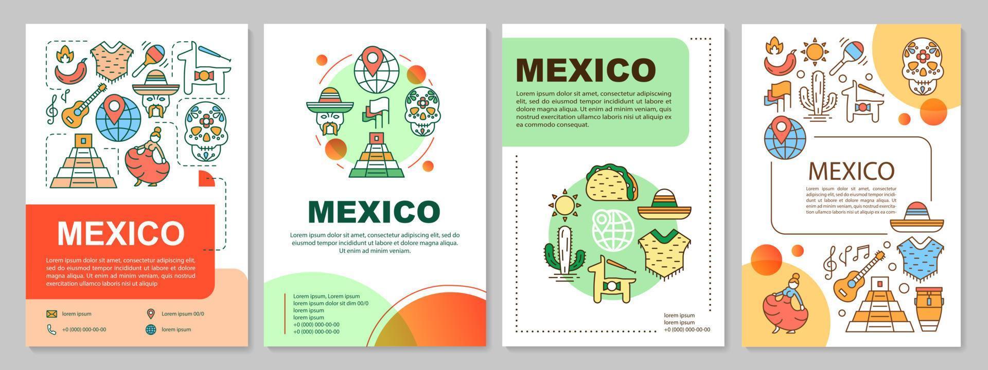 Mexiko broschyr mall layout. mexikansk kultur och attraktioner. flygblad, häfte, broschyrtryckdesign med linjära illustrationer. vektor sidlayouter för tidskrifter, årsredovisningar, reklamaffischer