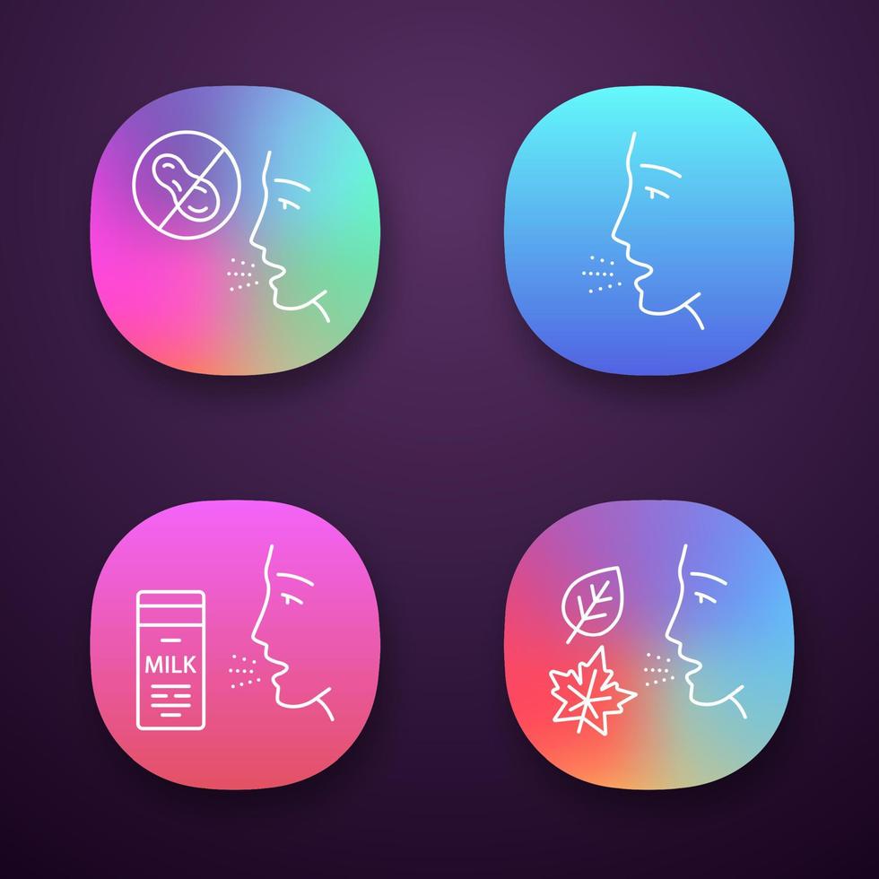 Allergie-App-Icons gesetzt. Erdnuss-, Milch-, Staub-, Schimmelpilzunverträglichkeit. Ursachen, Symptome allergischer Erkrankungen. Medizinisches Problem. ui ux-Benutzeroberfläche. Web- oder mobile Anwendungen. isolierte Vektorgrafiken vektor
