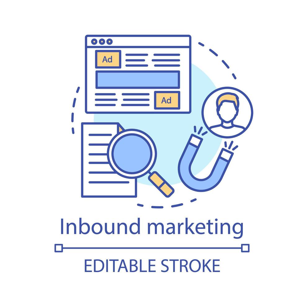 Symbol für Inbound-Marketing-Konzept. Markenbewusstsein Idee dünne Linie Illustration. digitale Marketingkampagne. Kundenattraktivität. Inhalte, Display-Anzeigen. Vektor isolierte Umrisszeichnung. bearbeitbarer Strich