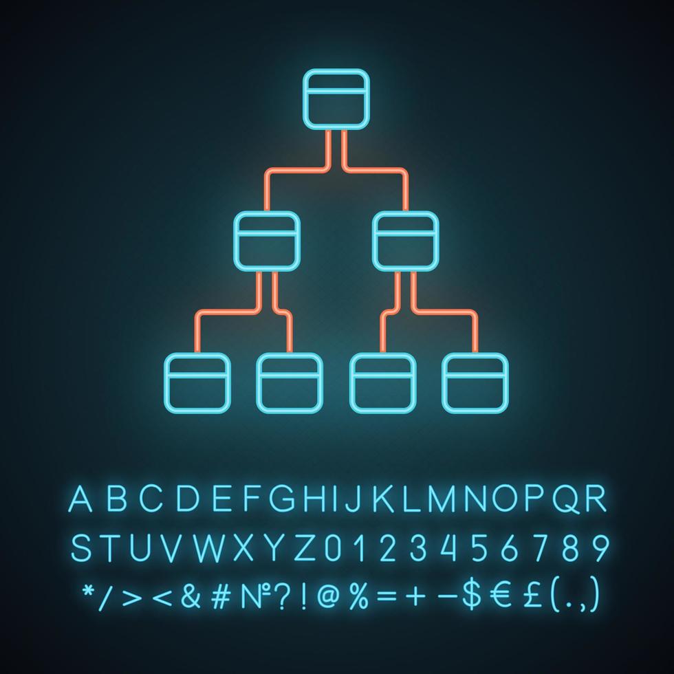 Baumdiagramm-Neonlicht-Symbol. hierarchisches System. Knotenverbindungsdiagramm. Baumstruktur. Reihenfolge und Abgabe. leuchtendes Schild mit Alphabet, Zahlen und Symbolen. isolierte Vektorgrafik vektor