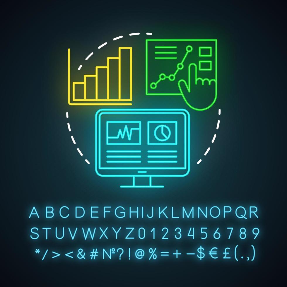 Infografiken Neonlicht-Symbol. Kanal für SEO. Marketing, SMM-Kennzahlen, Analytik. Bewusstsein Inhalt. Daten Präsentation. leuchtendes Schild mit Alphabet, Zahlen und Symbolen. isolierte Vektorgrafik vektor