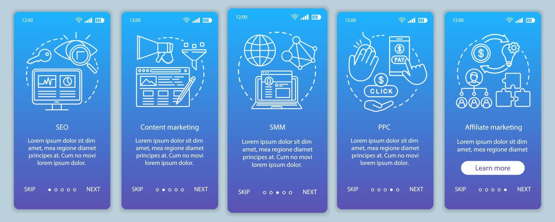 digital marknadsföring taktik blå onboarding mobil app sida skärm vektor mall. seo, smm, ppc genomgång av webbplatssteg med linjära illustrationer. ux, ui, gui smartphone gränssnitt koncept