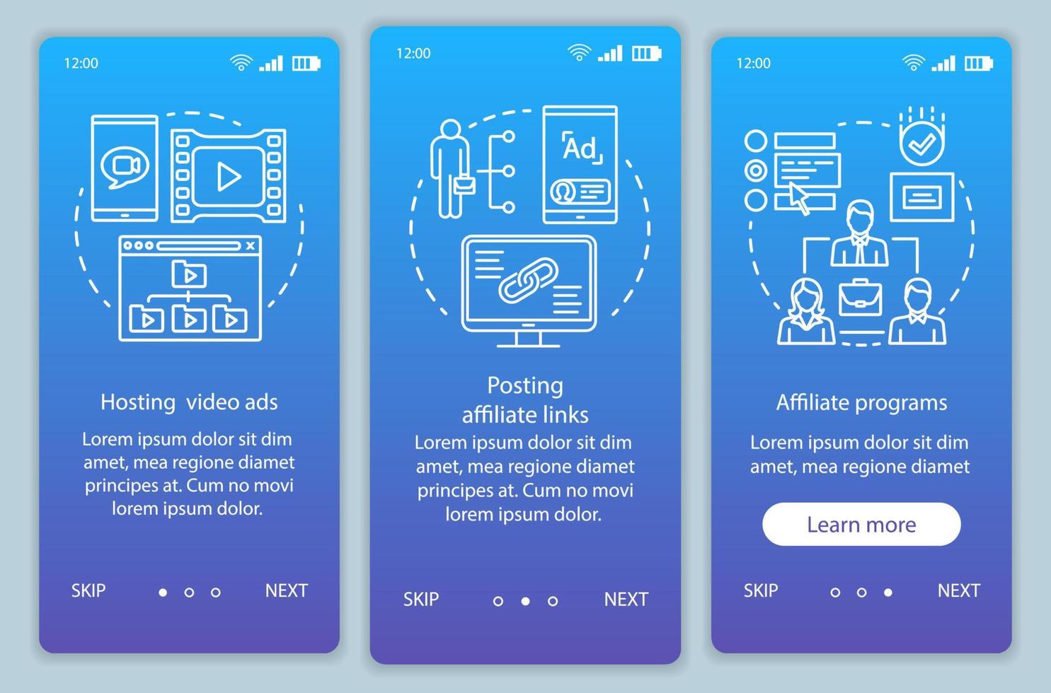 Affiliate-Marketing blaue Onboarding-Seite für Bildschirmvektorvorlage für mobile App. Schritt für Schritt zur Affiliate-Werbung mit linearen Illustrationen. ux, ui, gui Smartphone-Schnittstellenkonzept vektor