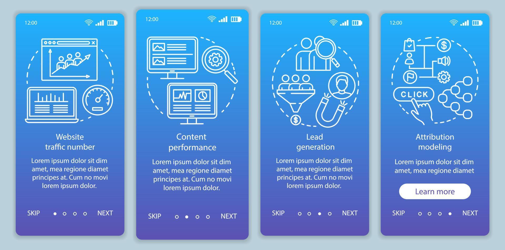 Vorteile des digitalen Marketings blauer Farbverlauf beim Onboarding der mobilen App-Seitenbildschirmvektorvorlage. Walkthrough-Website-Schritte mit linearen Illustrationen. ux, ui, gui Smartphone-Schnittstellenkonzept vektor