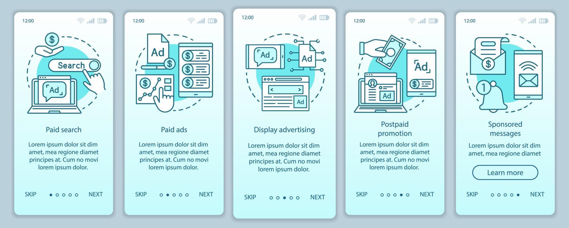 Ppc-Kanäle Türkis Onboarding Mobile App-Seitenbildschirm-Vektorvorlage. Medienmarketing, Werbenetzwerke, Walkthrough-Website-Schritte mit linearen Illustrationen. ux, ui, gui Smartphone-Schnittstellenkonzept vektor