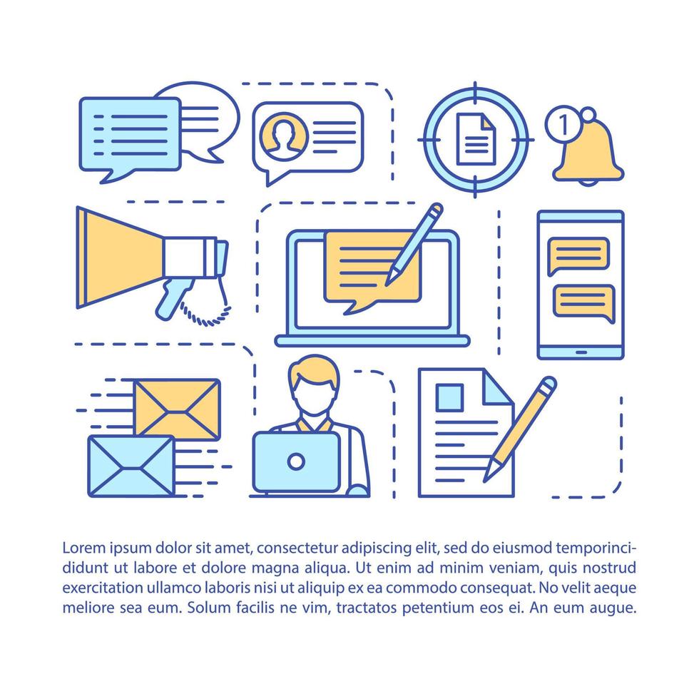 e-postmarknadsföring artikelsida vektor mall. innehåll, inriktning. broschyr, tidning, häfte designelement med linjära ikoner och textrutor. tryckdesign. konceptillustrationer med textutrymme