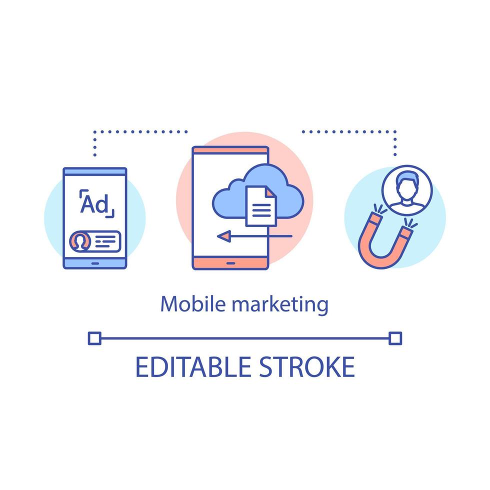 Symbol für das Konzept des mobilen Marketings. Digitale Marketingstrategie Idee dünne Linie Illustration. Zielgruppe erreicht. smm, Massenversand. Vektor isolierte Umrisszeichnung. bearbeitbarer Strich