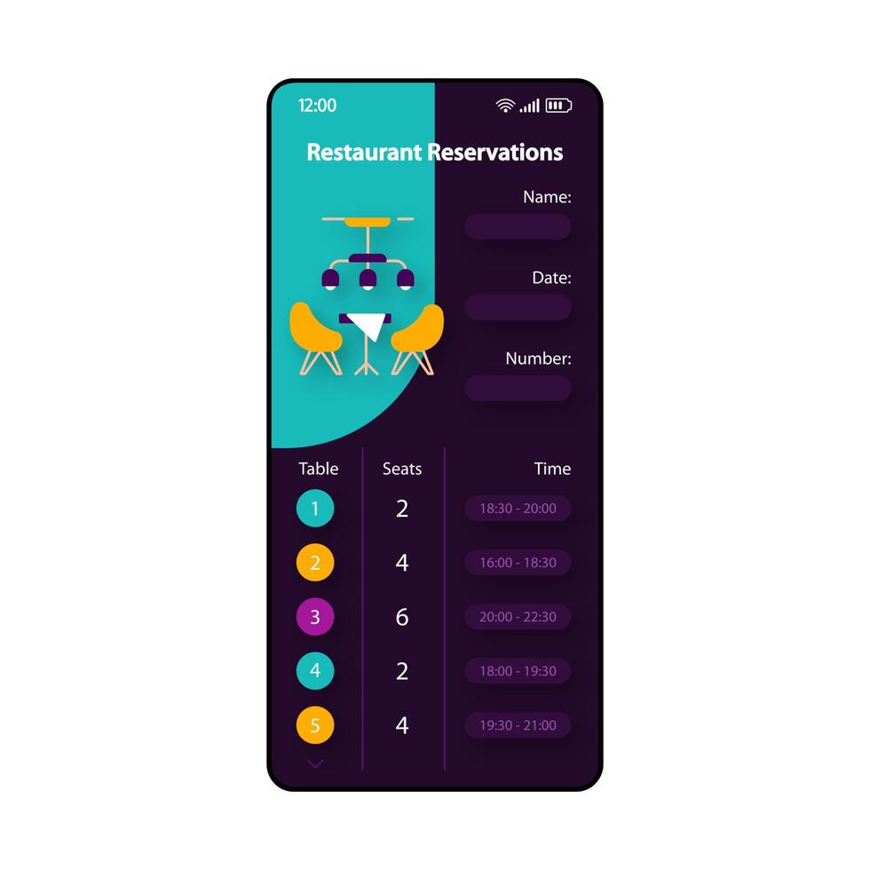 Restaurantreservierungen Smartphone-Schnittstellenvektorvorlage. Mobile App-Seite türkis und lila Design-Layout. Tischreservierungsbildschirm. flache ui für die anwendung. Essensplanung. Telefondisplay vektor