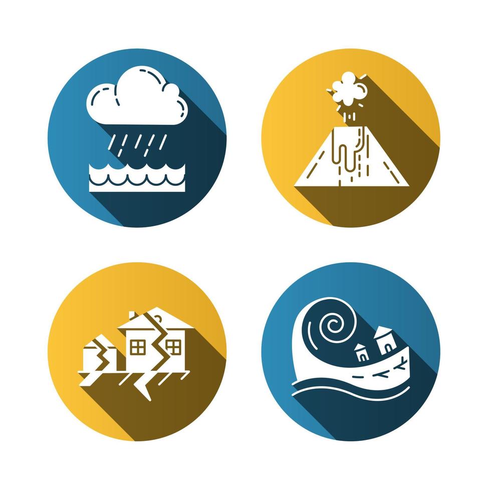 Naturkatastrophe flaches Design lange Schatten Glyphe Icons Set. geologische und atmosphärische Gefahren. Flut, Vulkanausbruch, Erdbeben, Tsunami. zerstörerische Kraft der Natur. Vektor-Silhouette-Abbildung vektor