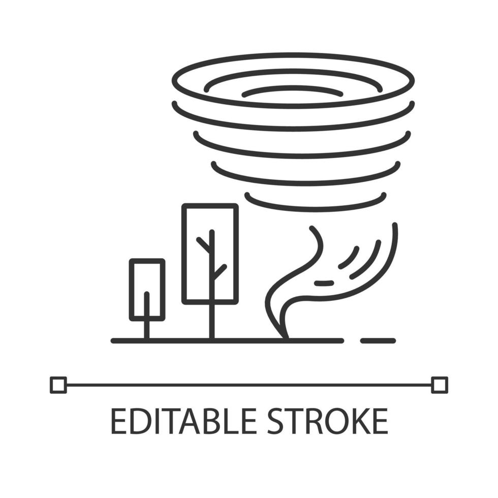 Tornado-lineares Symbol. Twister. Zyklon. Naturkatastrophe. zerstörerischer wirbelnder Wind. Sturmspiraltrichter, Bäume. dünne Linie Abbildung. Kontursymbol. Vektor isolierte Umrisszeichnung. bearbeitbarer Strich