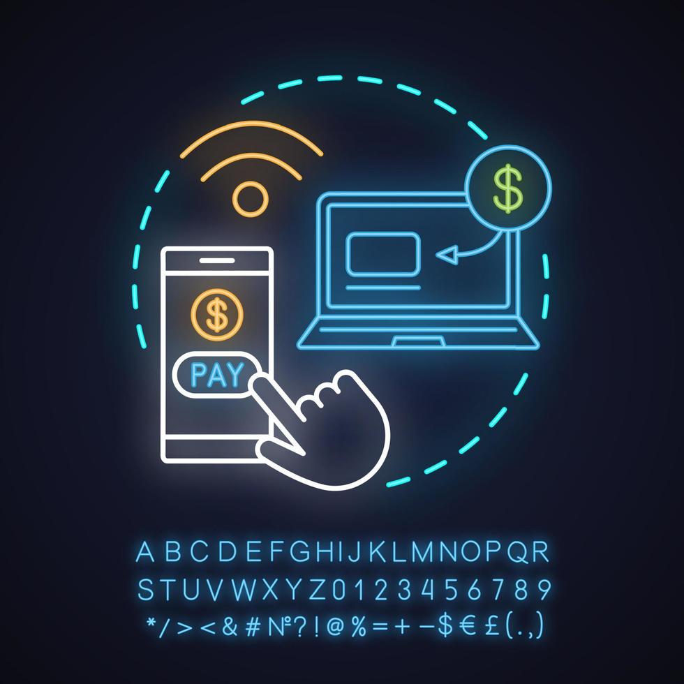 Symbol für Online-Rechnung zahlen Neonlicht-Konzept. Interneteinkauf. pro Klick bezahlen. Onlinebanking. digitale Kaufidee. leuchtendes Schild mit Alphabet, Zahlen und Symbolen. isolierte Vektorgrafik vektor