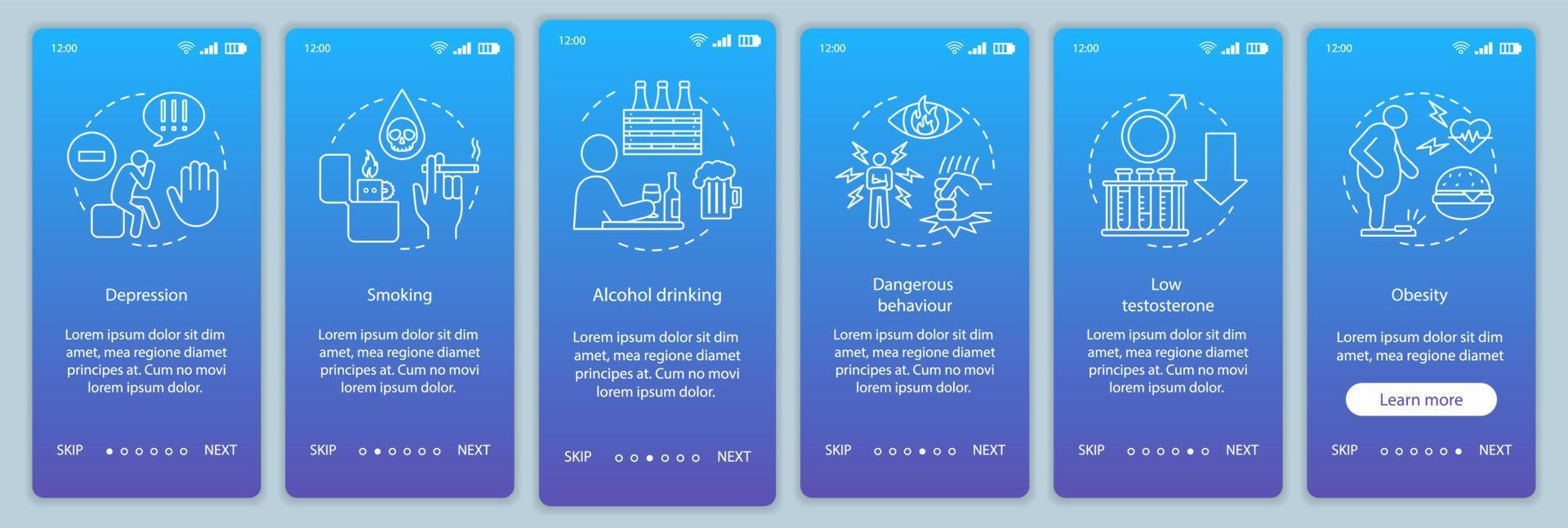 Gesundheitsrisikofaktoren für Männer beim Onboarding der Bildschirmvektorvorlage für die mobile App-Seite. Rauchen, Fettleibigkeit, Alkohol. Walkthrough-Website-Schritte mit linearen Illustrationen. ux, ui, gui Smartphone-Schnittstellenkonzept vektor