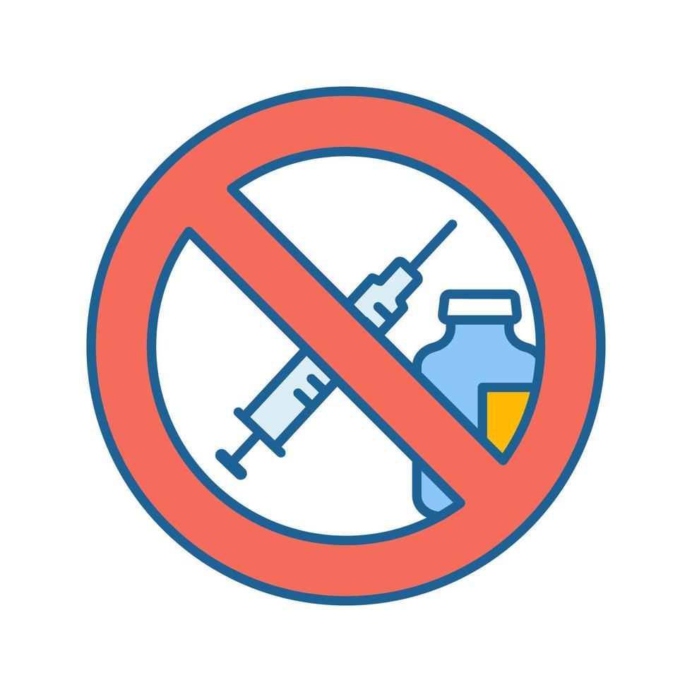 Drogen und Pillen Verbotszeichen Farbsymbol. kein Spritzenaufkleber. Injektion verboten. gegen Impfung. Impfstoff stoppen. isolierte Vektorillustration vektor