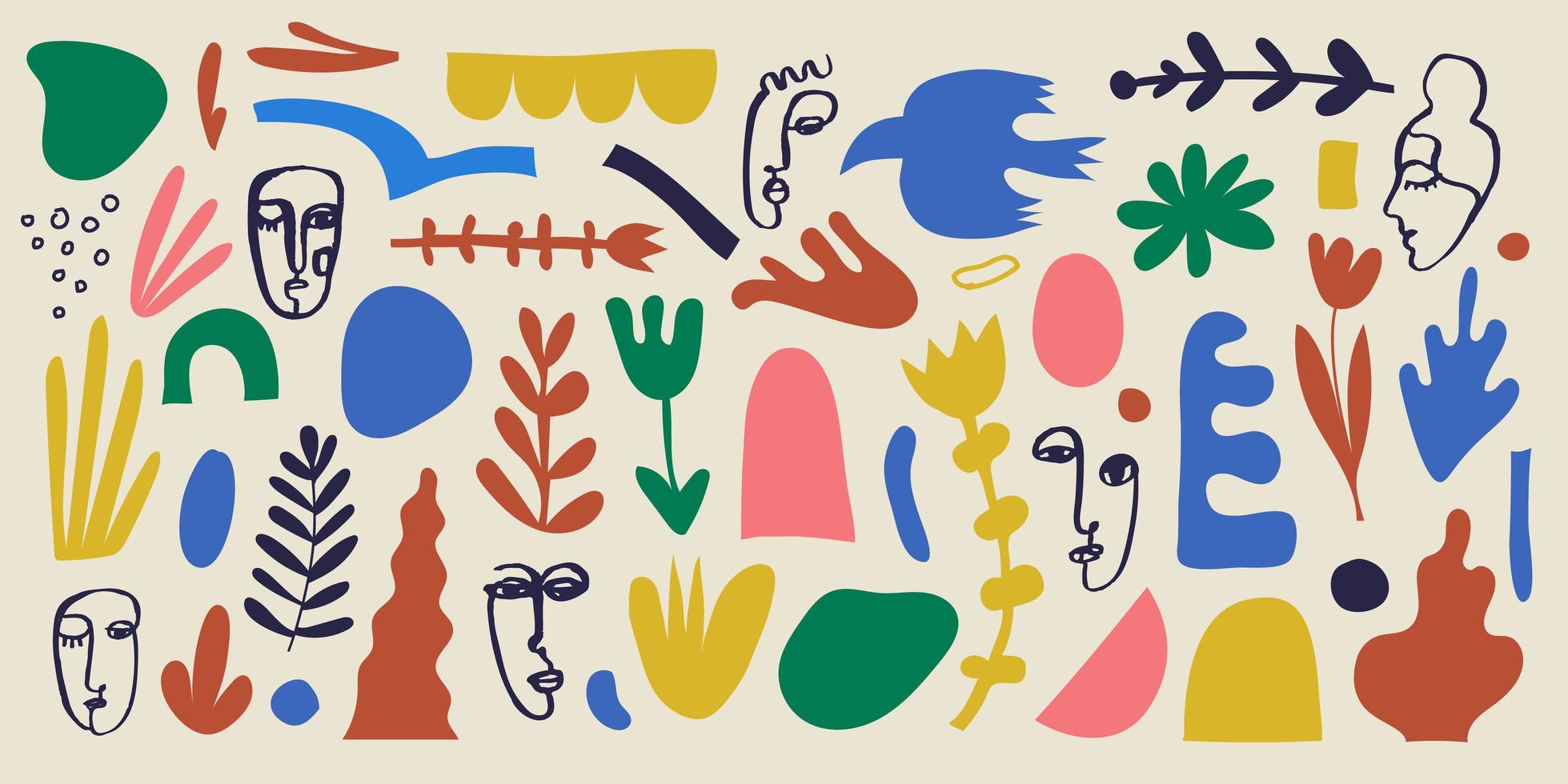 Vektor-Collage-Muster, Hintergrund. handgezeichnete verschiedene Formen und Doodle-Objekte, Blumen, Blätter, menschliche Gesichter. abstrakte zeitgenössische kunst modern vektor