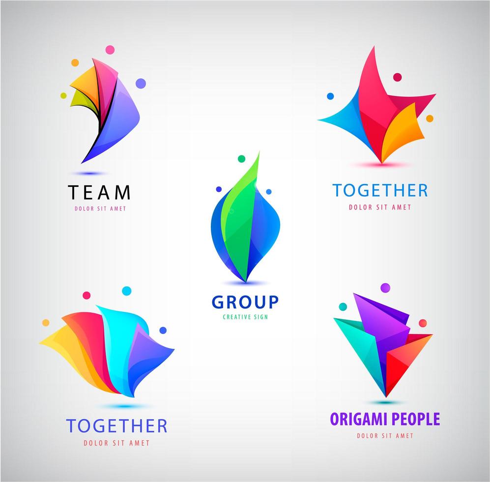 vektor uppsättning män grupp logotyp, mänsklig, familj, lagarbete ikon. gemenskap, människor undertecknar i modern origami stil. färgrik.