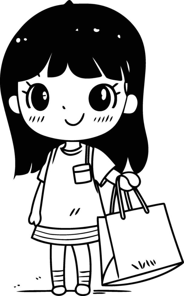Illustration von ein süß Mädchen halten ein Einkaufen Tasche und lächelnd vektor