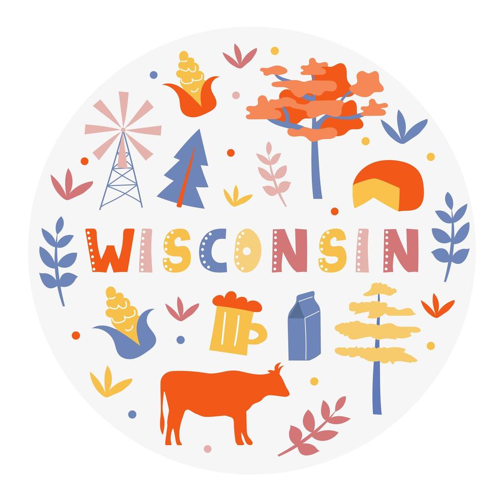 usa samling. vektor illustration av wisconsin tema. statens symboler