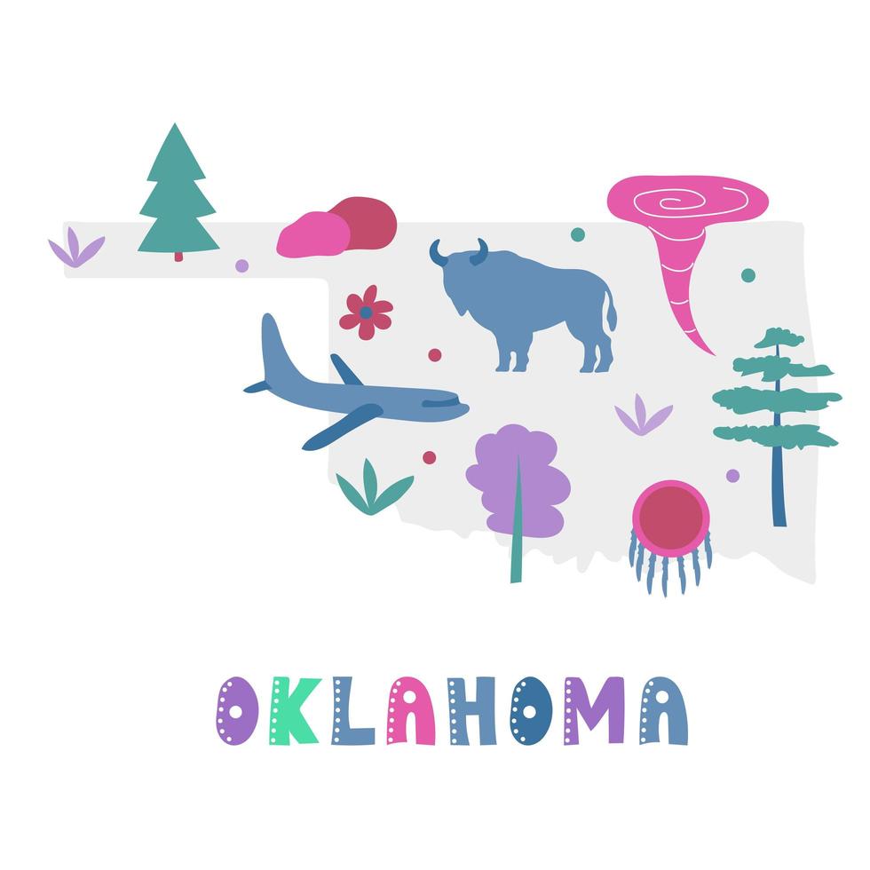 USA-Kartensammlung. Staatssymbole auf grauer Staatssilhouette - Oklahoma vektor