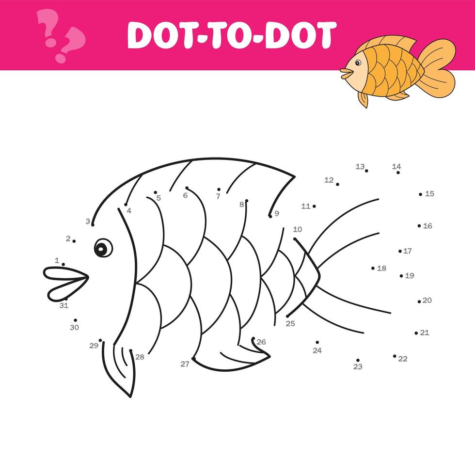 Verbinde die Punkte und zeichne einen süßen Fisch. Zahlenspiel für Kinder. Vektor