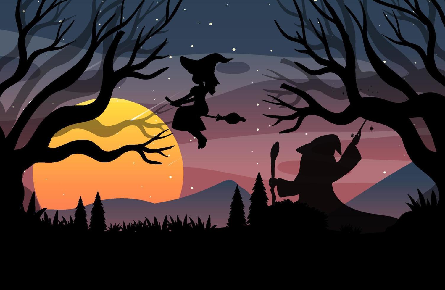 Halloween-Nachthintergrund mit Hexensilhouette vektor