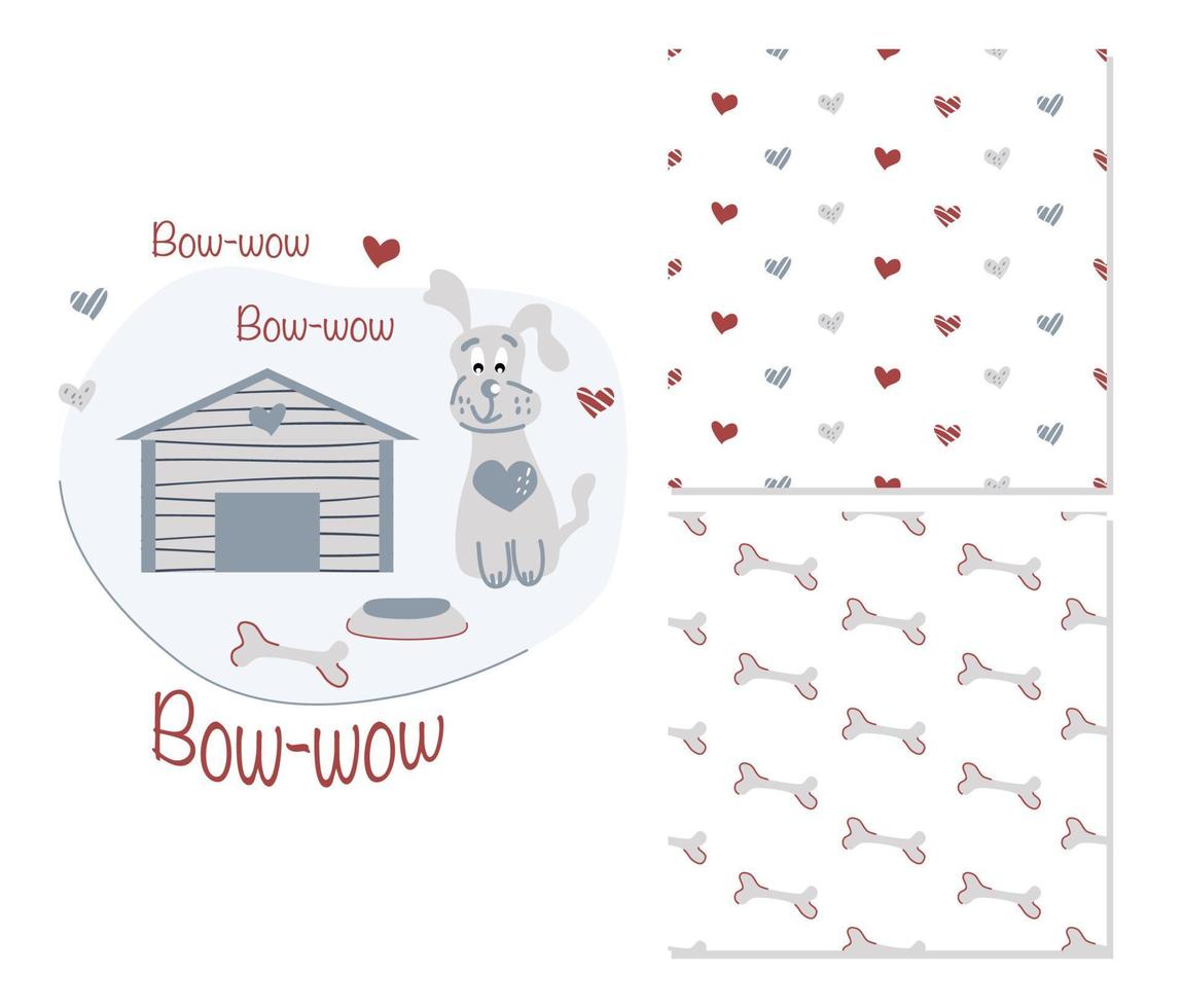 söt hund nära hundar hus. två enkla sömlösa mönster för barnsliga kläder, ytdesign. vektor illustration.