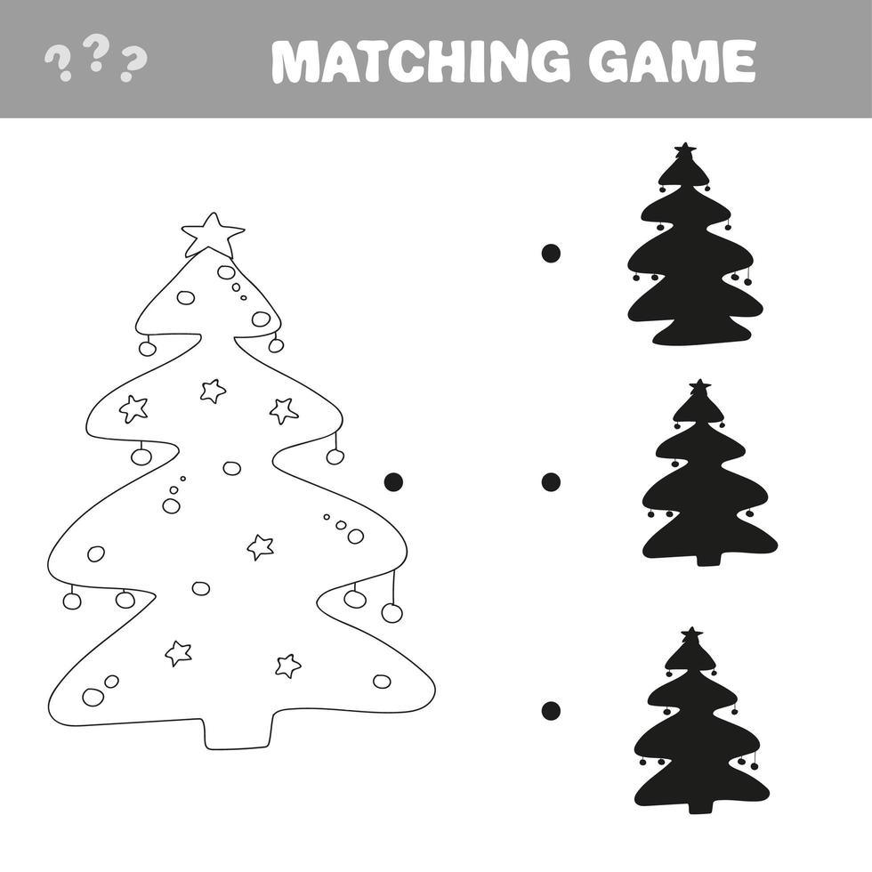 Finden Sie den richtigen Schatten des Weihnachtsbaums. Bildungsspiel für Kinder im Vorschulalter vektor