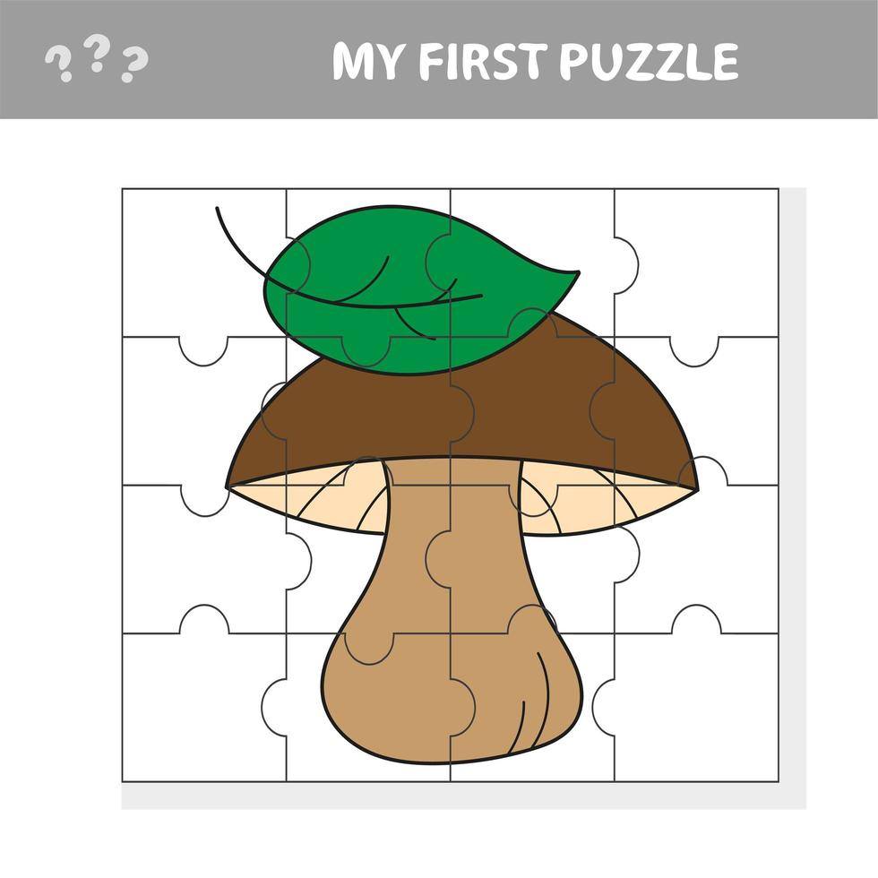 Cartoon weißer Pilz mit Blättern. Papierspiel mein erstes Puzzle für Kinder vektor
