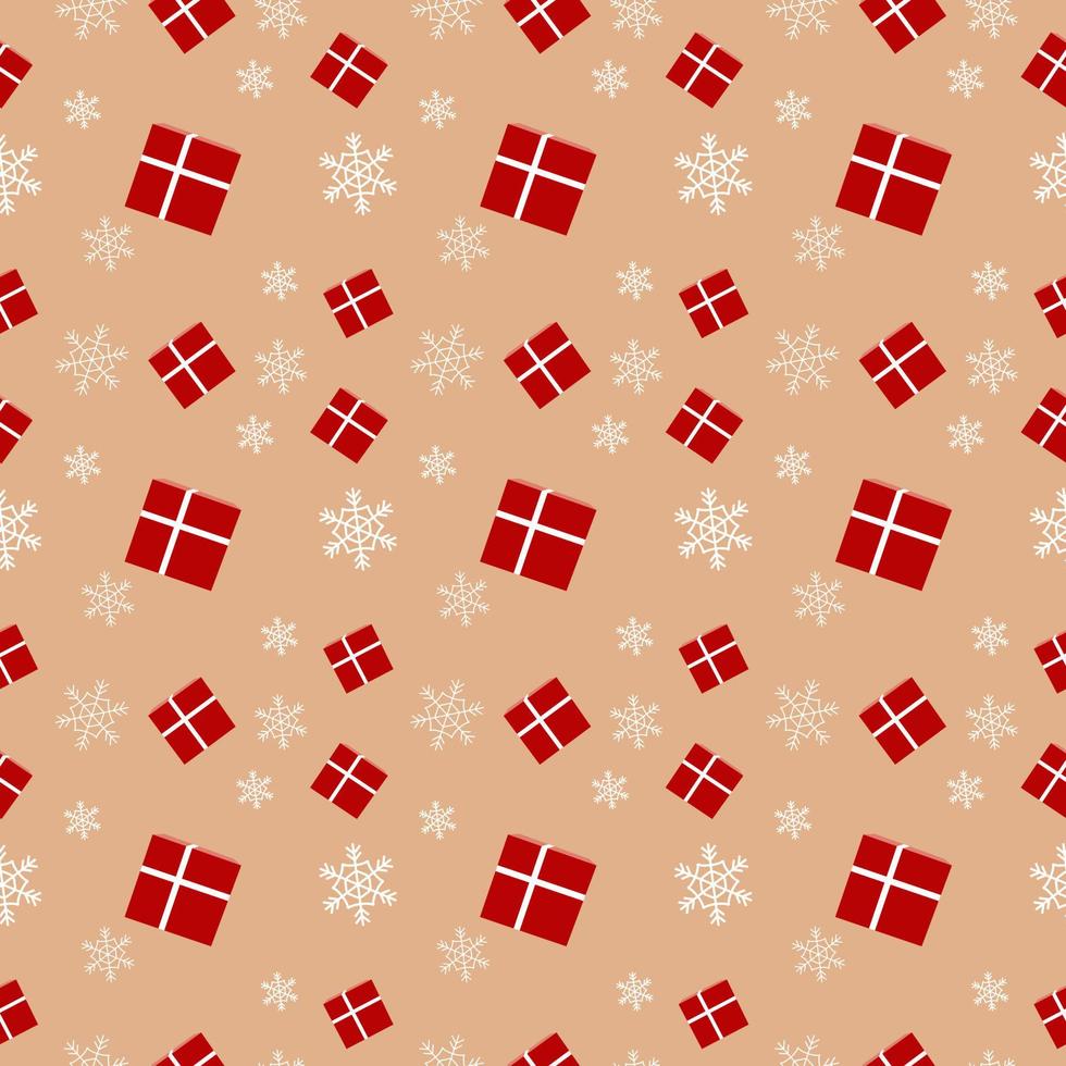 Weihnachts-Wiederholungsmuster mit roter Geschenkbox, die mit hellem Farbband und Schneeflocken gebunden ist, handgezeichnetes Vektor-Wiederholungsmuster für Textilien, Geschenkpapier, Stoff, Webhintergrund und Verpackung. vektor