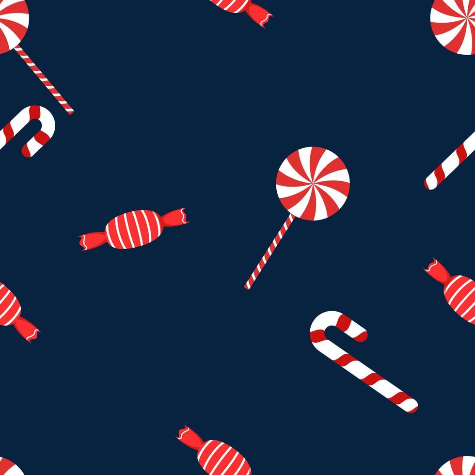 Weihnachts-Wiederholungsmuster mit Elementen wie Süßigkeiten, Zuckerstange und Lutscher auf dunklem Hintergrund, handgezeichnetes Vektormuster für Textilien, Stoffe, Geschenkpapier, Tücher, Tapeten und Banner. vektor