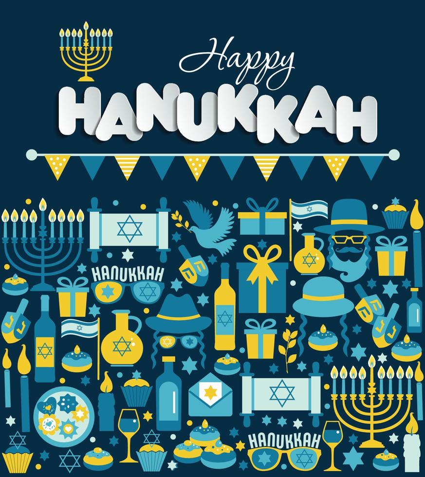 judiska helgdag Hanukkah gratulationskort traditionella chanukah symboler-dreidels snurra, munkar, menorah ljus, oljeburk, stjärna david illustration i krans. vektor