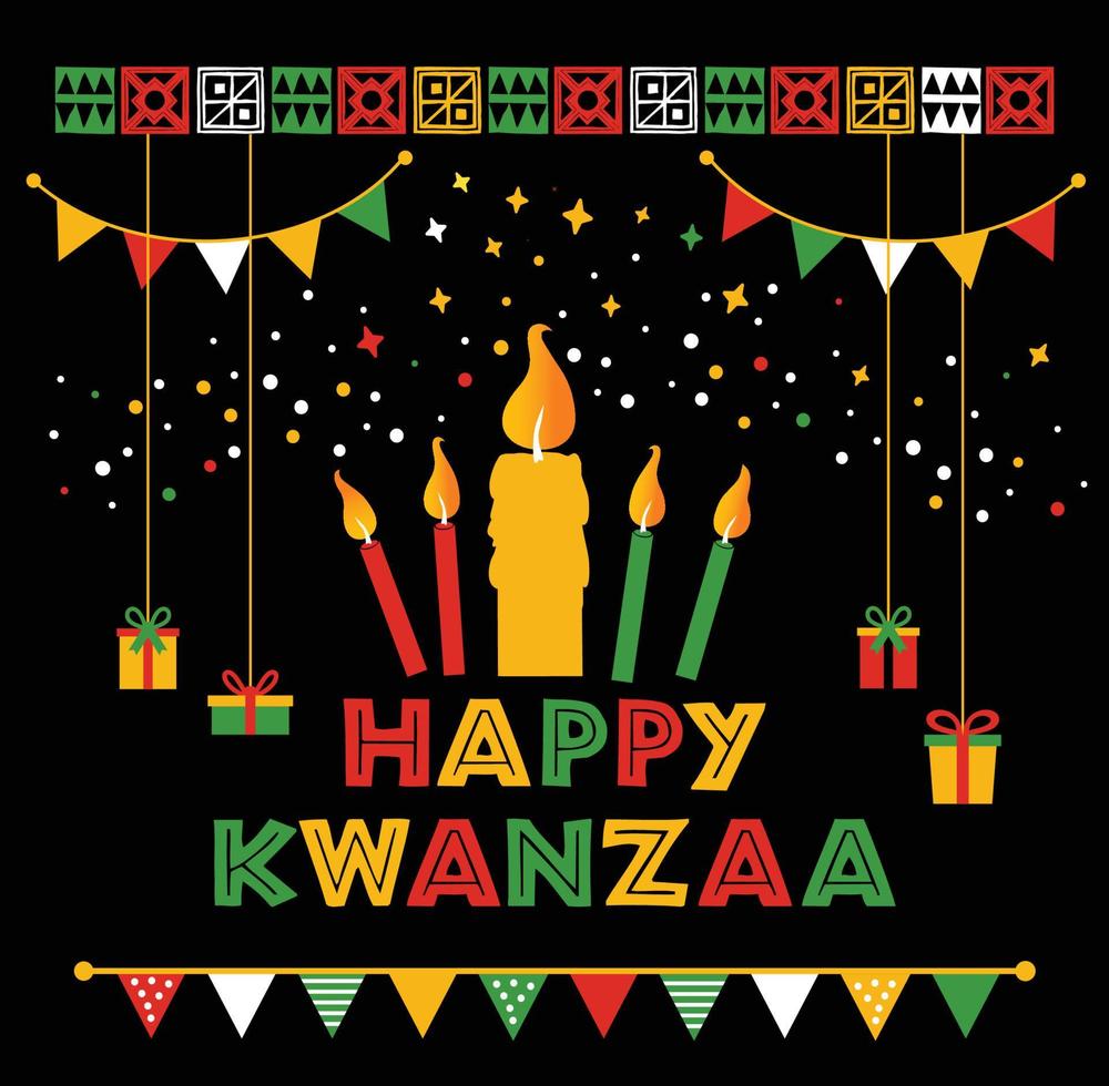 Vektor-Illustration von Kwanzaa. afrikanische Feiertagssymbole mit Schriftzug, Kerzen auf schwarzem Hintergrund. vektor