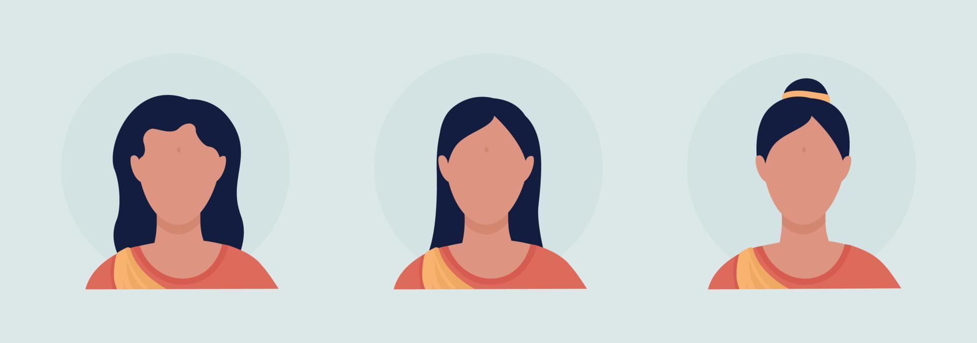 ung kvinna med olika frisyrer semi platt färg vektor karaktär avatar set. porträtt framifrån. isolerade modern tecknad stil illustration för grafisk design och animation pack