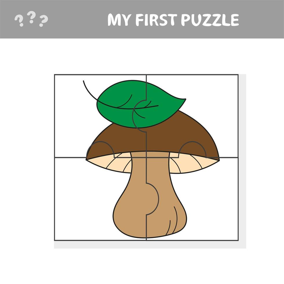 Cartoon weißer Pilz mit Blättern. Papierspiel mein erstes Puzzle für Kinder vektor