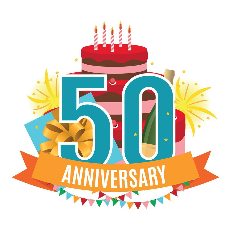Vorlage 50 Jahre Jubiläumsglückwünsche, Grußkarte mit Kuchen, Geschenkbox, Feuerwerk und Bandeinladungsvektorillustration vektor
