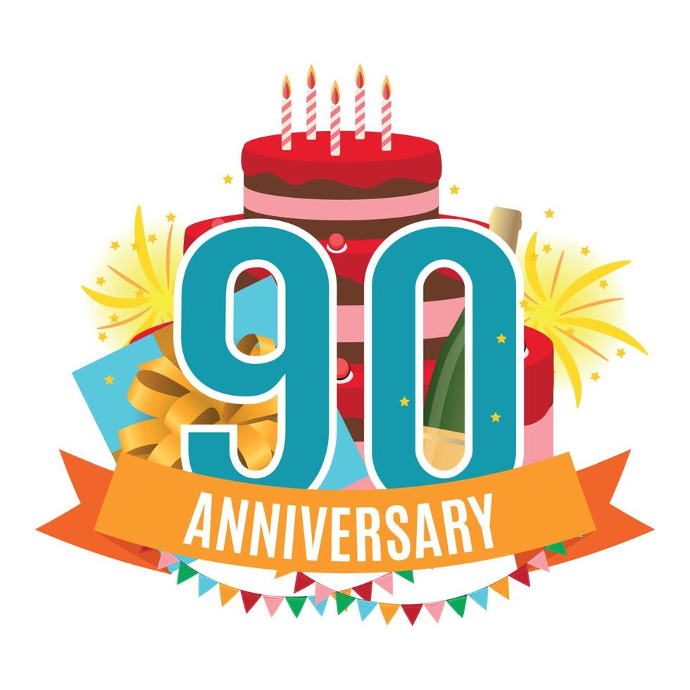 mall 90-årsjubileumsgrattis, gratulationskort med tårta, presentförpackning, fyrverkerier och bandinbjudan vektorillustration vektor